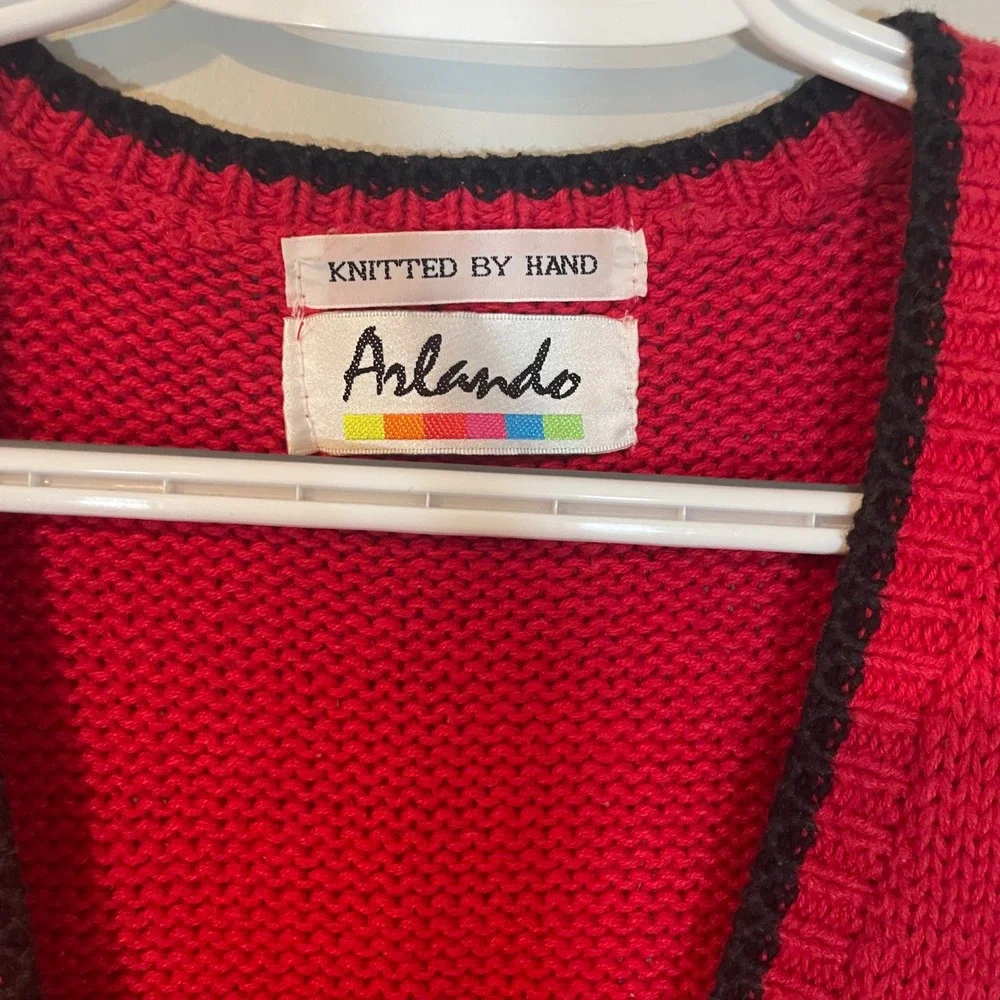 Vintage Cat Vest Sweater Women's 2XL Hand Knit Gold Button Front Red Arlando 80s - Picture 2 of 6